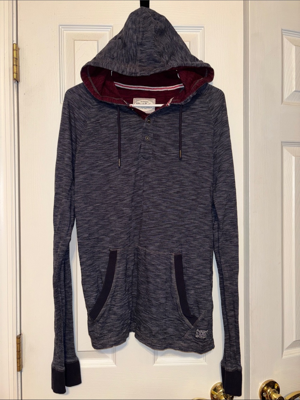 Men's Marled Hooded Long Sleeve Henley - Navy with Maroon Lining